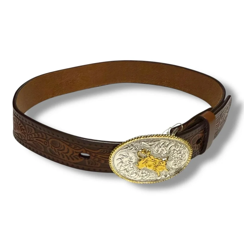 3D Belt Brown Tooled Genuine Leather Western‎ Bull Rider Trophy Buckle Boys 29